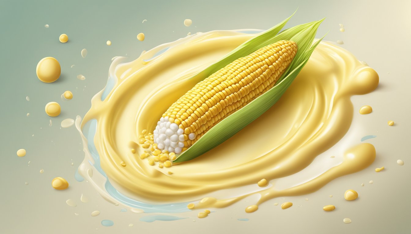 A cob of corn submerged in a pool of milk