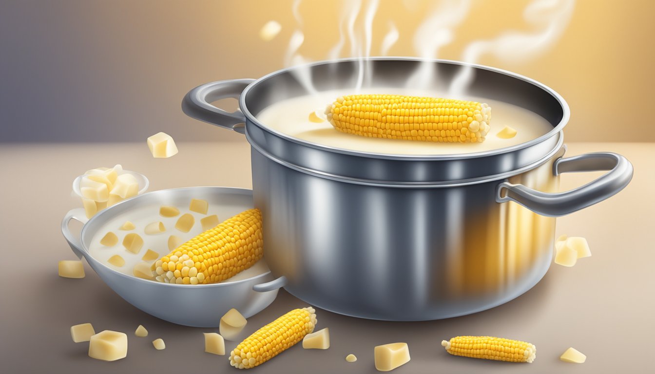 A pot of boiling milk with corn cobs floating inside