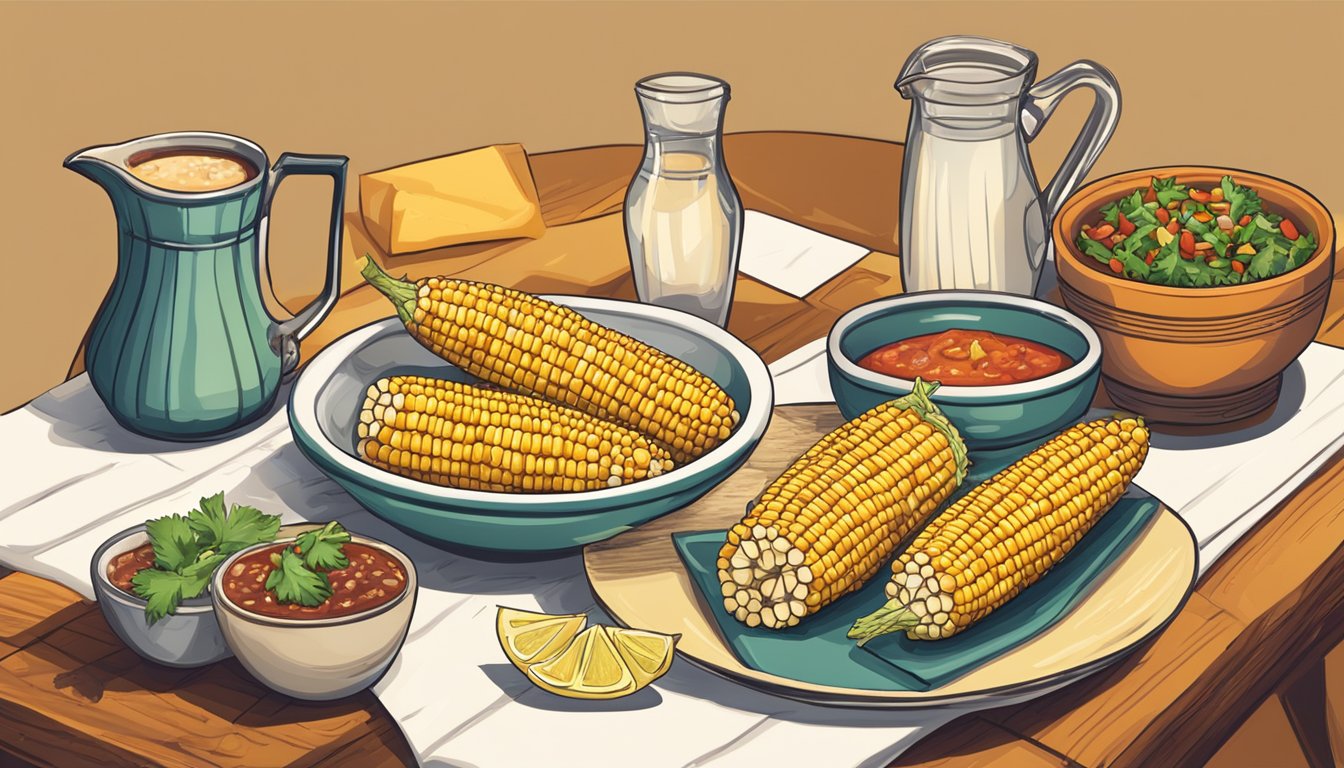 A table set with grilled corn on the cob, topped with Mexican spices and cheese. A pitcher of cold drinks and a bowl of salsa sit nearby