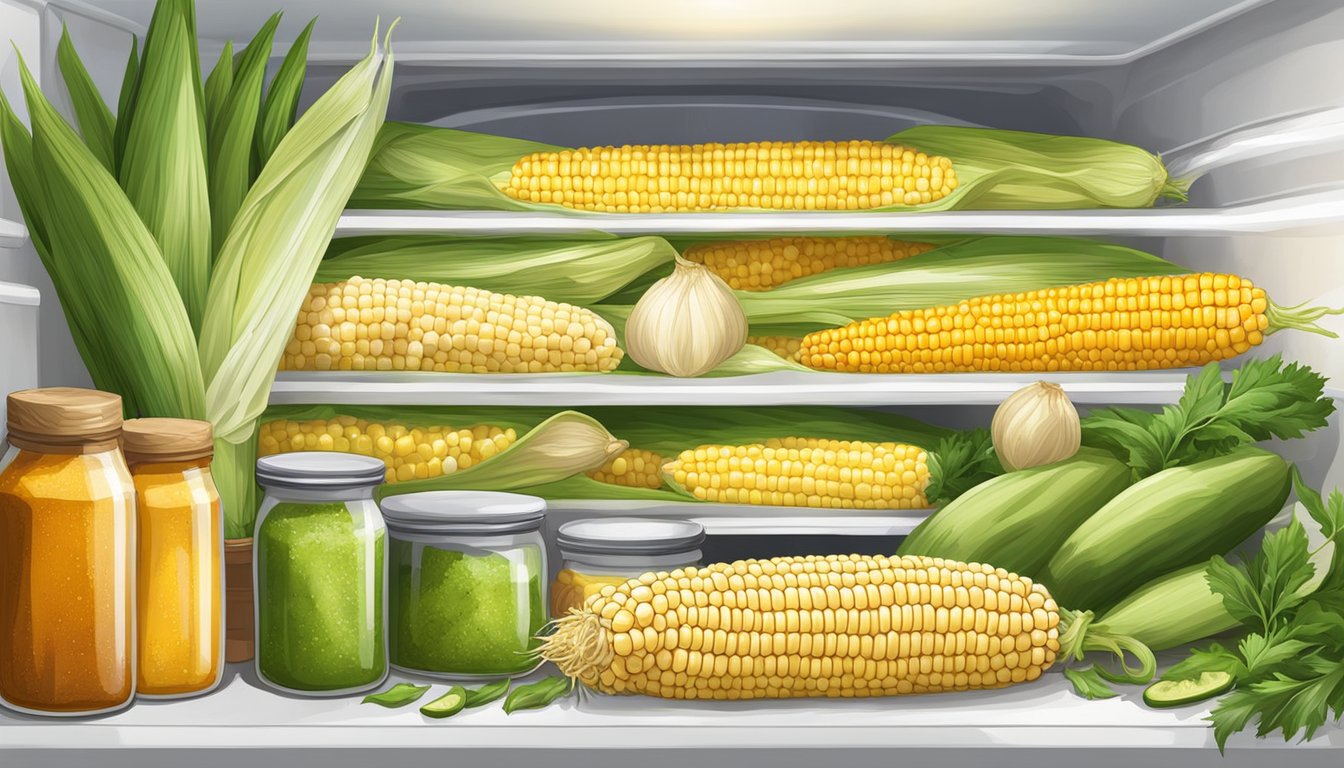 Fresh corn on the cob surrounded by vibrant Mexican spices and herbs, stored in a clean, organized refrigerator