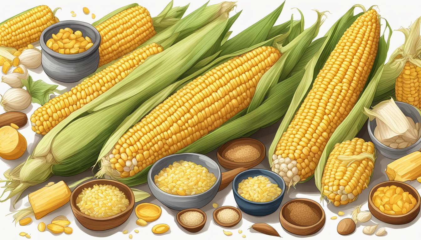 A colorful array of corn on the cob, husks removed, surrounded by various ingredients and kitchen utensils for creating leftover recipes