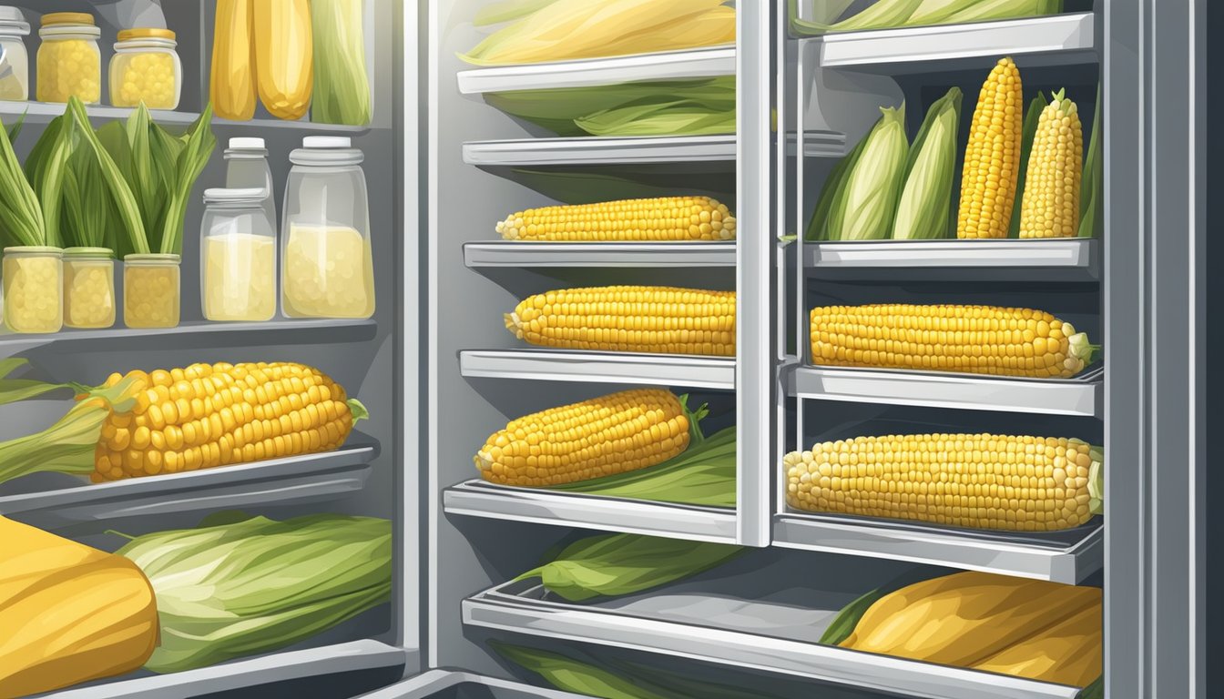 Fresh corn on the cob stored in a tightly sealed container in the fridge. A variety of recipe books and ingredients nearby for creating delicious leftover corn dishes