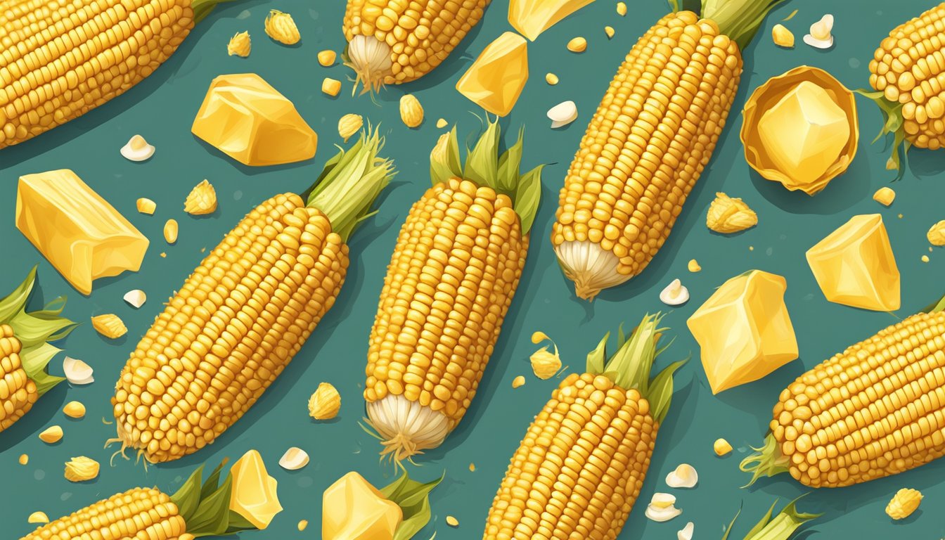 A golden ear of corn on the cob, topped with a melting pat of butter, surrounded by scattered kernels and a few scattered husks