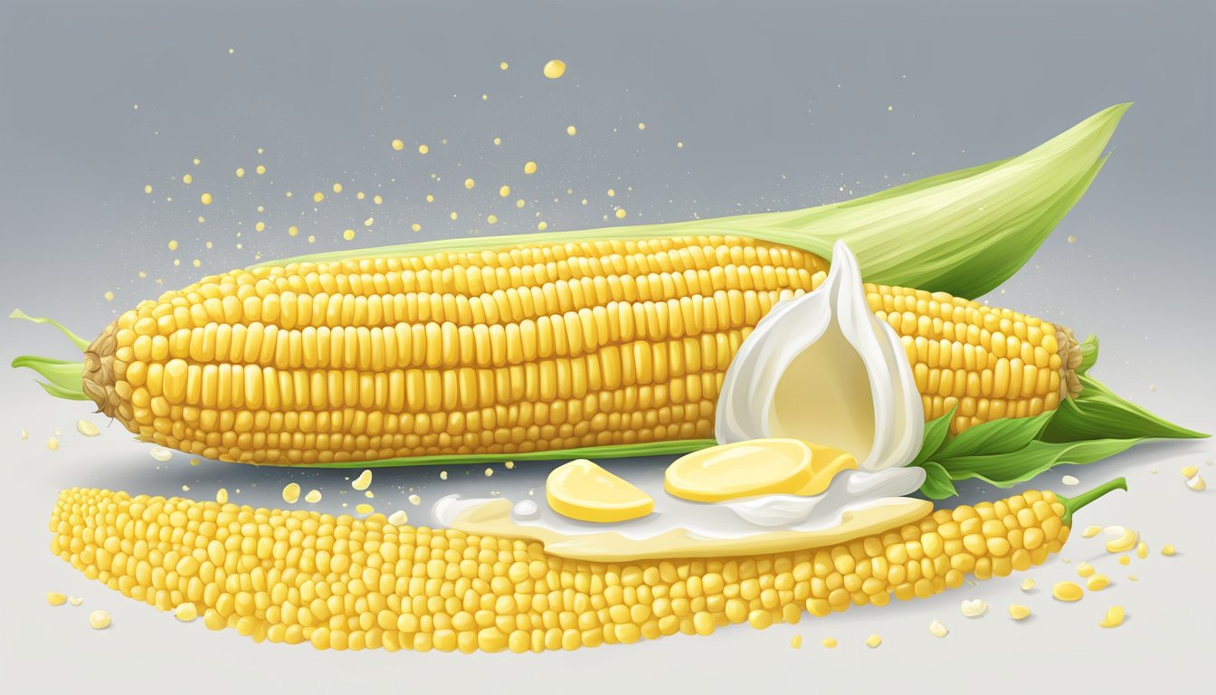 A fresh ear of corn on the cob with a dollop of melting butter, surrounded by scattered calorie numbers