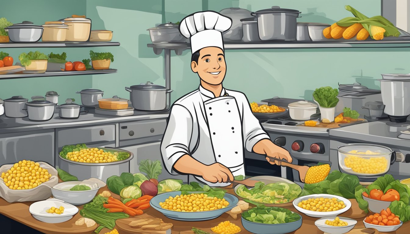 A chef incorporating leftover corn on the cob into various main course dishes, such as salads, soups, and casseroles, in a bustling kitchen