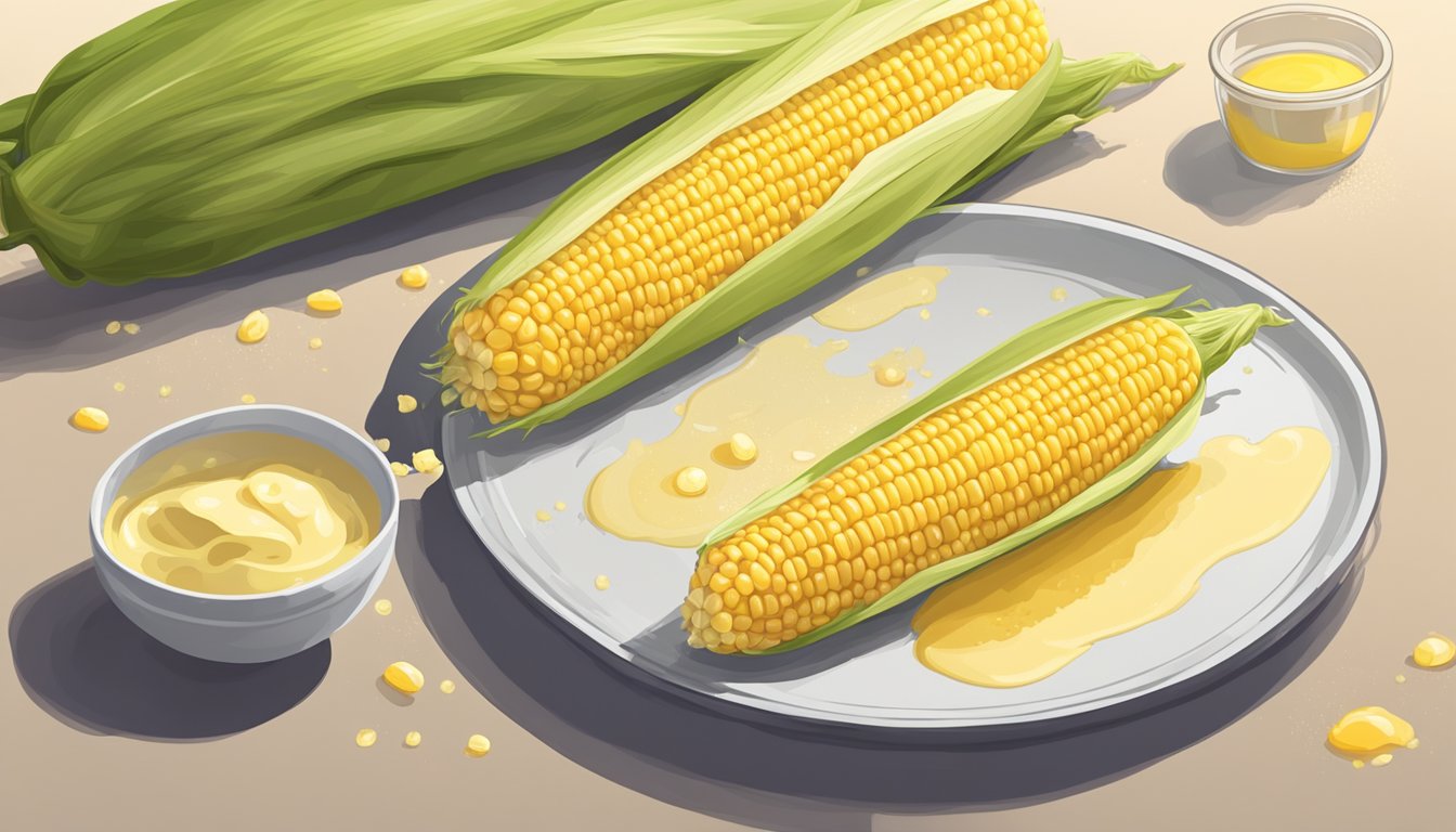 A steaming ear of corn on the cob, slathered in melted butter, with a calorie count displayed nearby