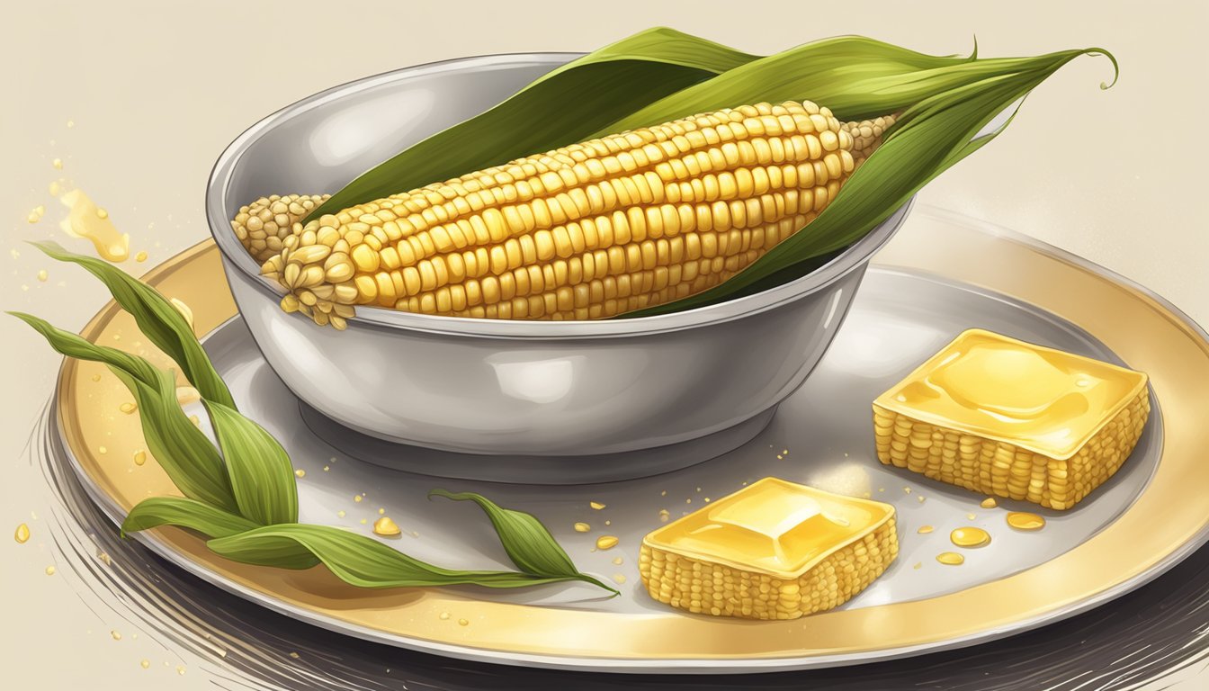 A golden ear of corn, steaming on a plate, with a pat of melting butter on top