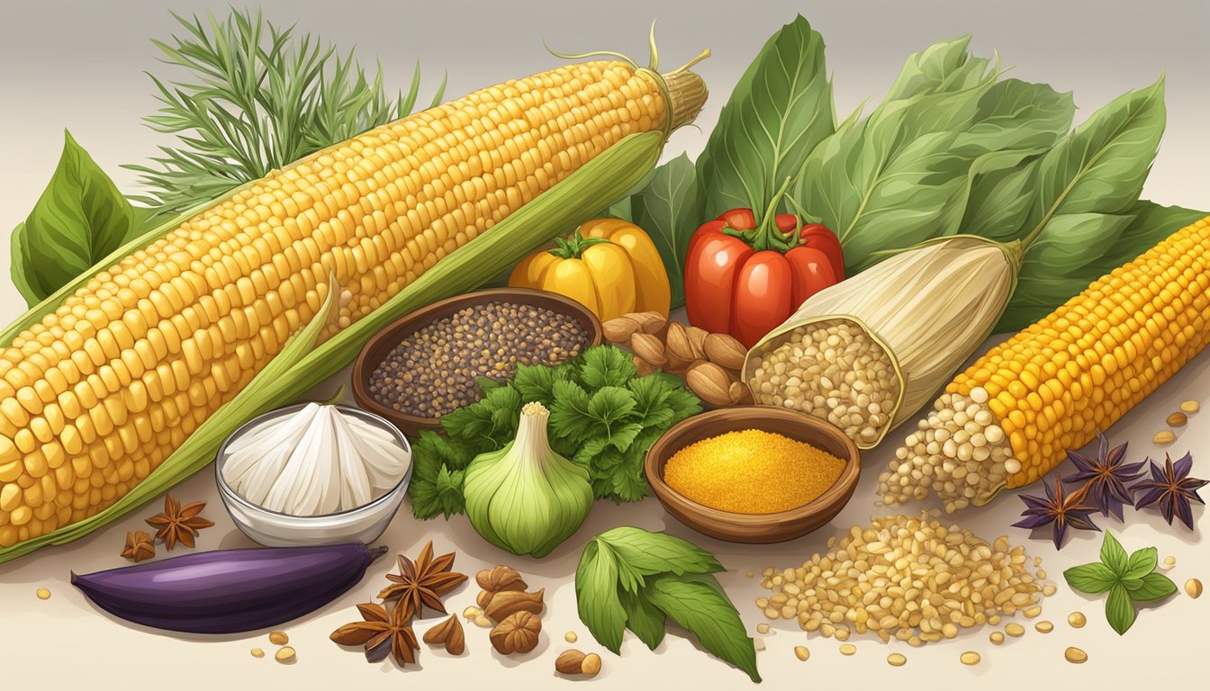 A colorful assortment of spices and herbs scattered around a golden ear of corn on the cob, with various ingredients nearby for creating leftover recipes