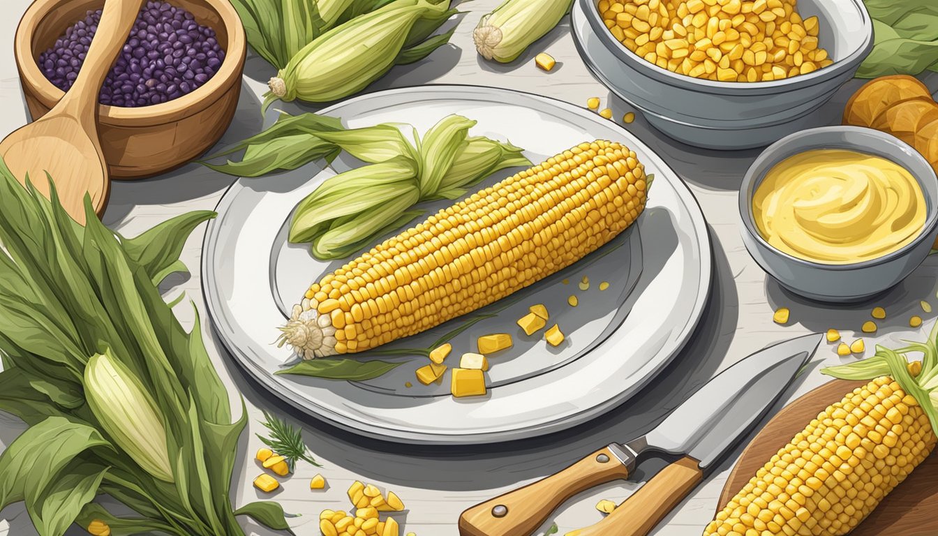 A table with a plate of corn on the cob, a cutting board, knife, and various ingredients like butter, herbs, and spices