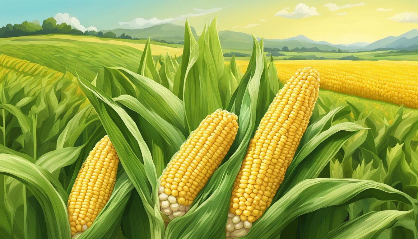 Fresh corn on the cob slathered in melted butter, surrounded by vibrant agricultural fields