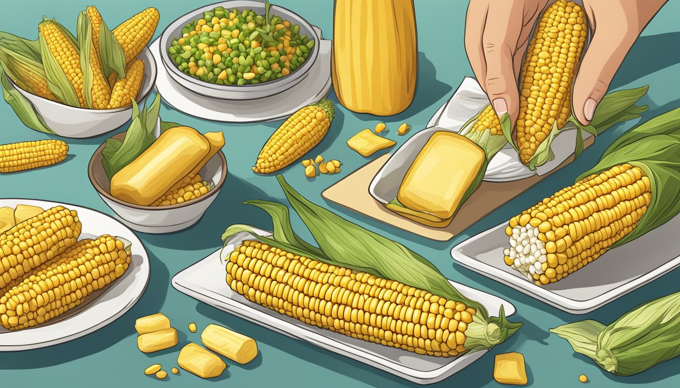 A colorful array of leftover corn on the cob being transformed into various delicious recipes, with a focus on food safety and allergen awareness