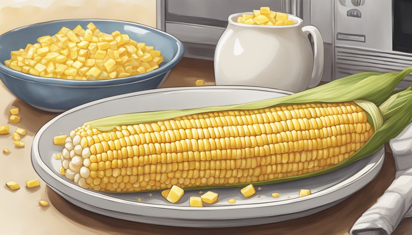 An ear of corn placed on a microwave-safe plate next to a covered dish of butter and seasoning