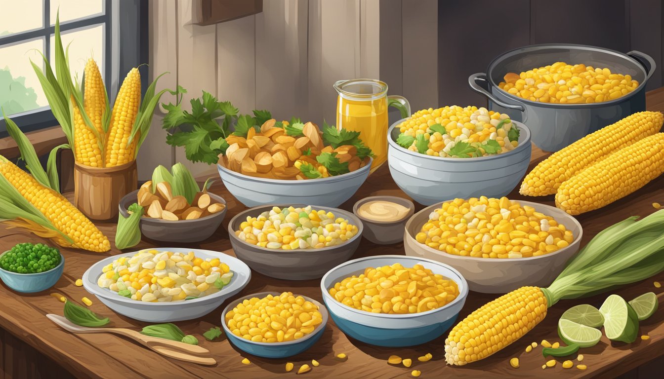 A rustic kitchen table with various corn dishes, including corn on the cob and leftover recipes, surrounded by colorful and vibrant regional ingredients