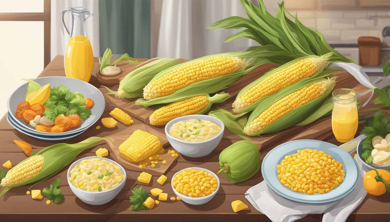 A table set with a variety of corn-based dishes, including corn on the cob and leftover recipes, surrounded by colorful ingredients and cooking utensils