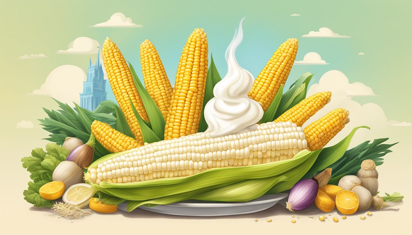 A steaming ear of corn, slathered in creamy mayonnaise, surrounded by vibrant cultural symbols and historical artifacts