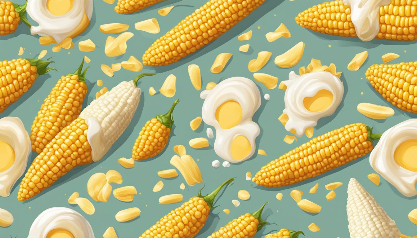 An ear of corn slathered with mayonnaise, with optional variations such as sprinkled chili powder or grated cheese