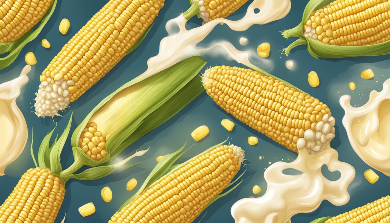 Fresh corn on the cob simmering in a pot of creamy milk, with steam rising and kernels glistening