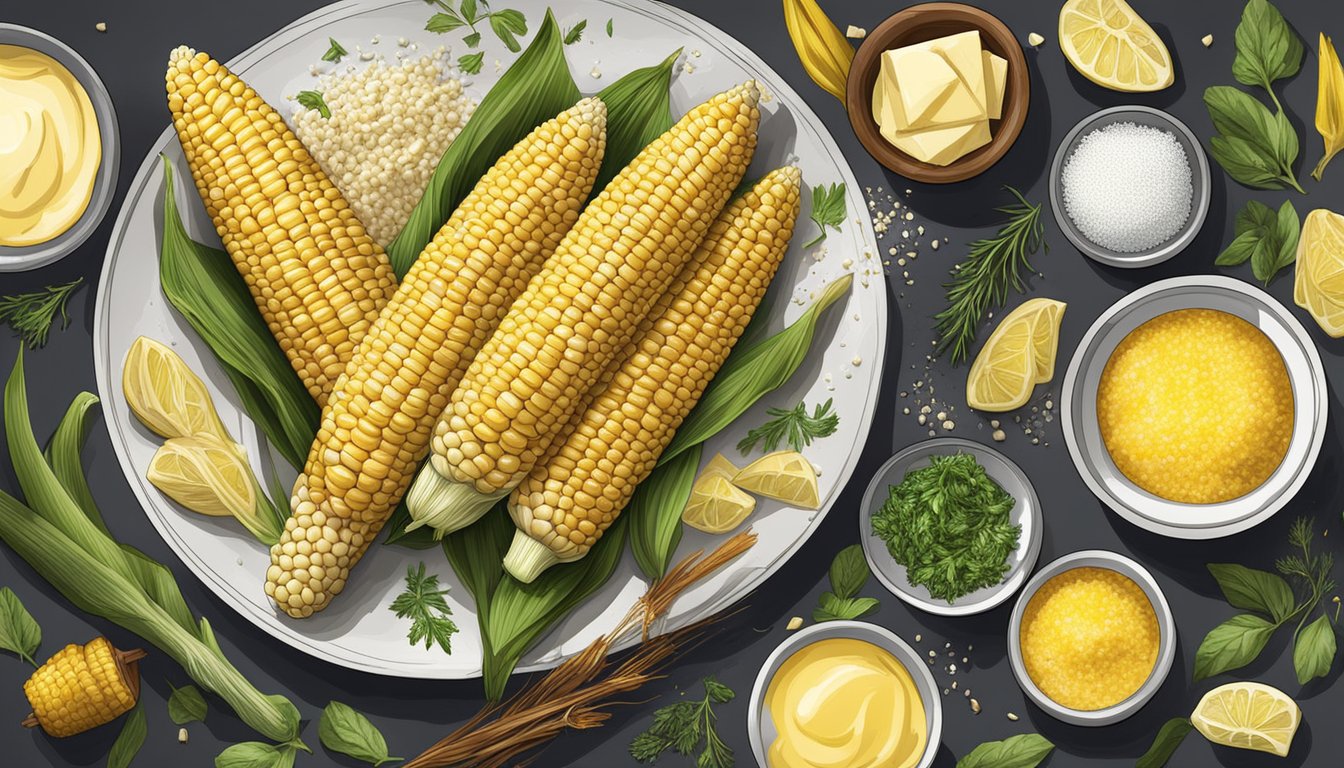 Freshly grilled corn on the cob surrounded by bowls of butter, salt, pepper, and various herbs and spices