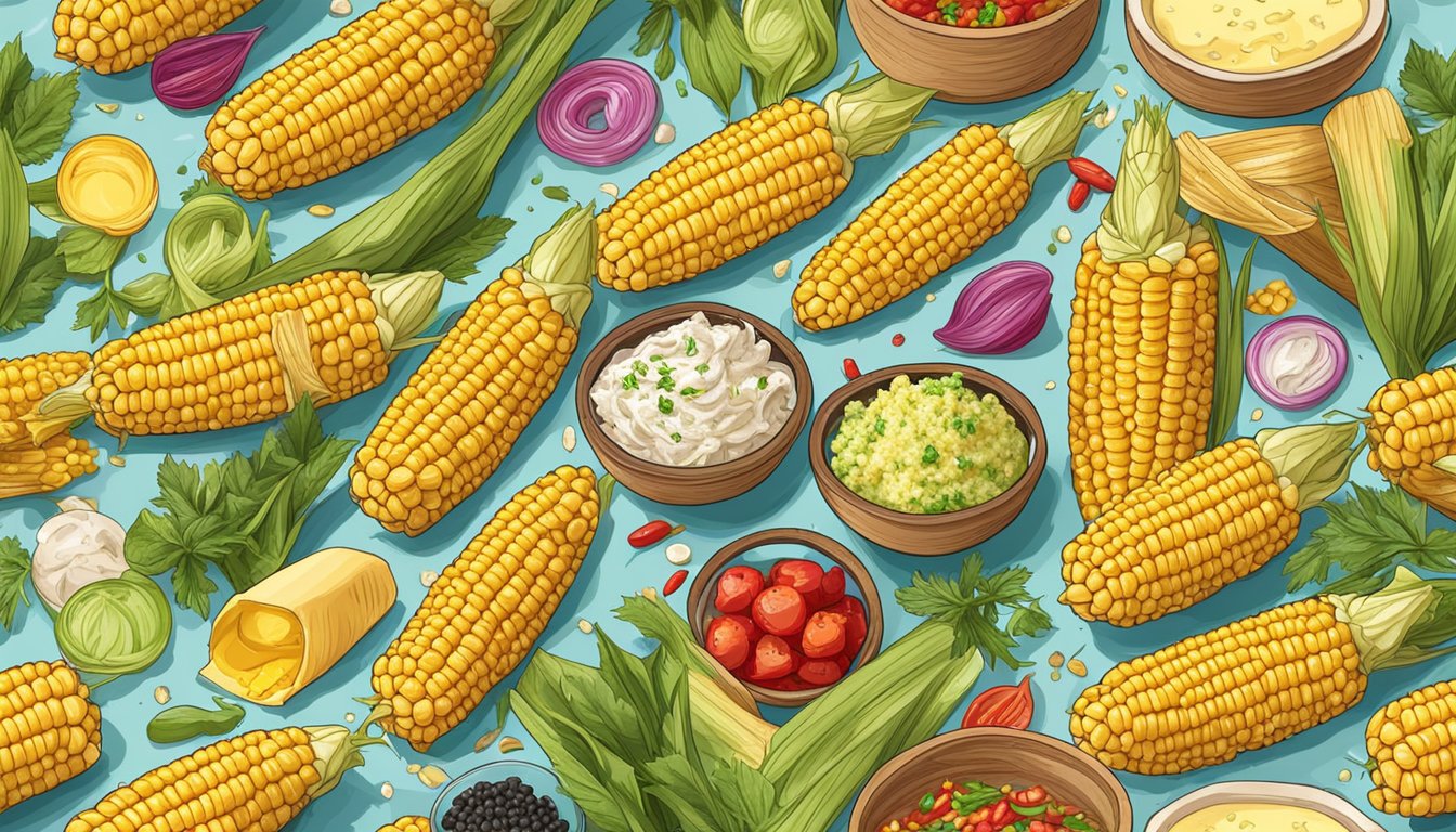 Freshly grilled corn on the cob surrounded by an array of colorful toppings, including butter, herbs, spices, and grated cheese