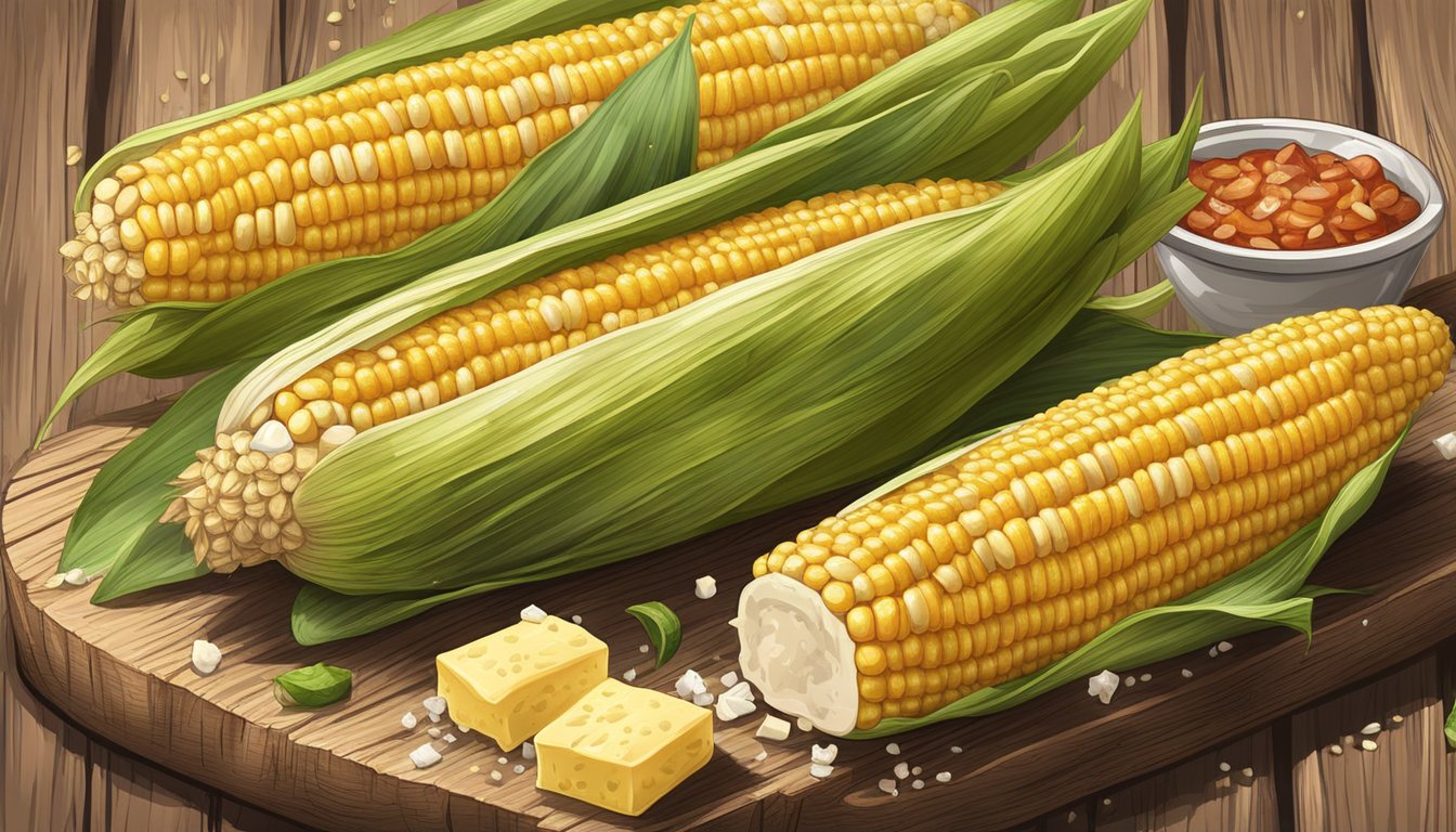 Freshly grilled corn on the cob with classic toppings of butter, salt, and pepper, served on a rustic wooden board