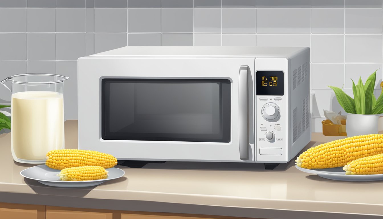 A pot of milk on a stovetop with corn cobs simmering. A microwave with a plate of reheated corn on the cob