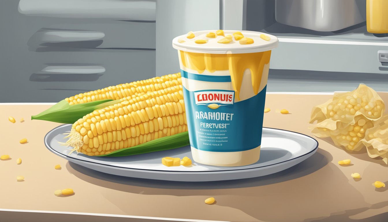 A cob of corn with mayo drizzled on top, sitting on a plate next to a container of leftovers in a refrigerator