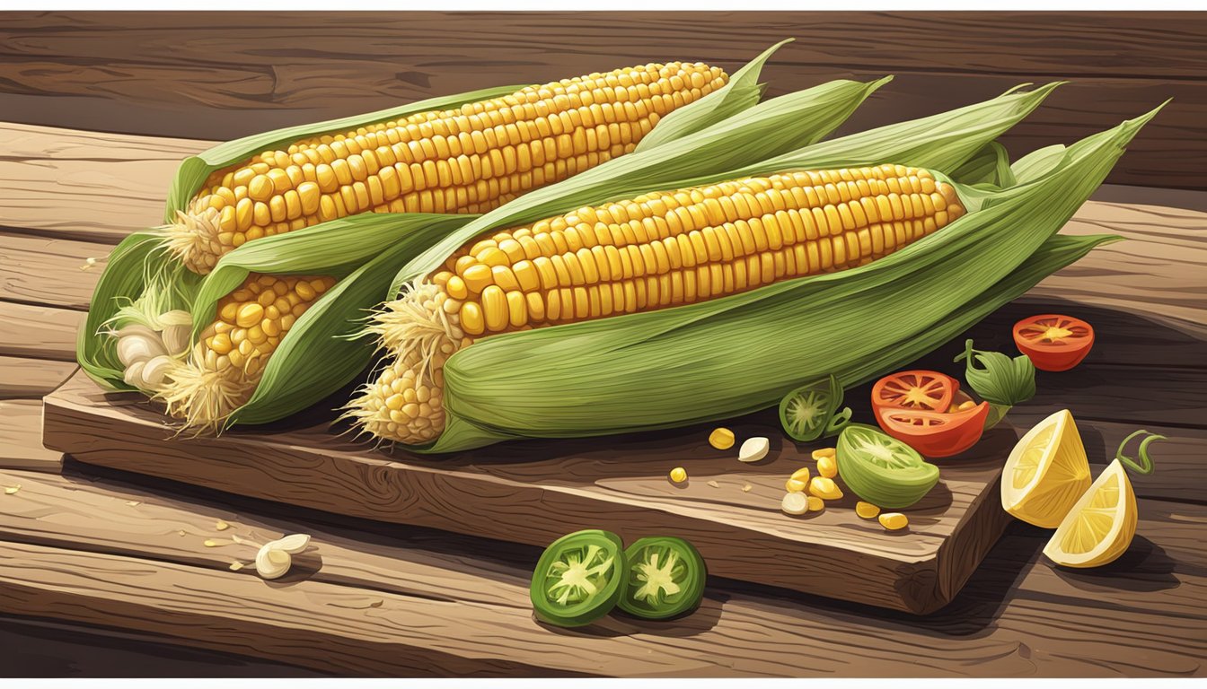 Freshly picked corn on the cob with a variety of colorful toppings displayed on a rustic wooden table