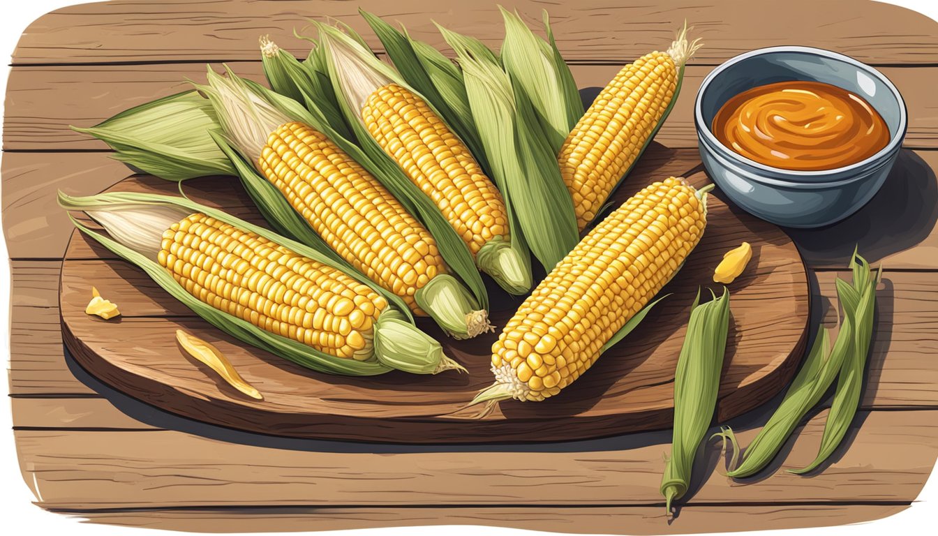 A rustic wooden table with a pile of freshly picked corn on the cob and a small bowl of homemade sauce