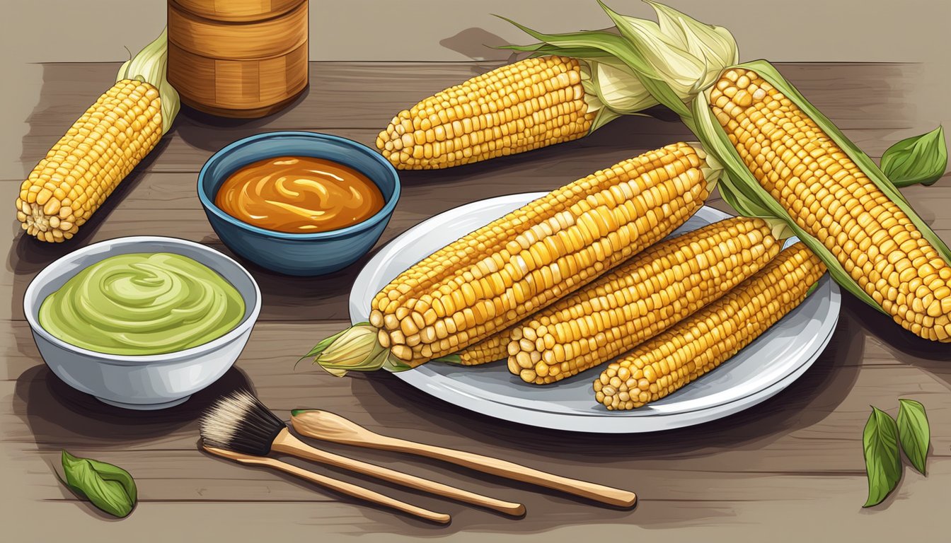 A wooden table with a platter of grilled corn on the cob, a bowl of sauce, and a brush for spreading