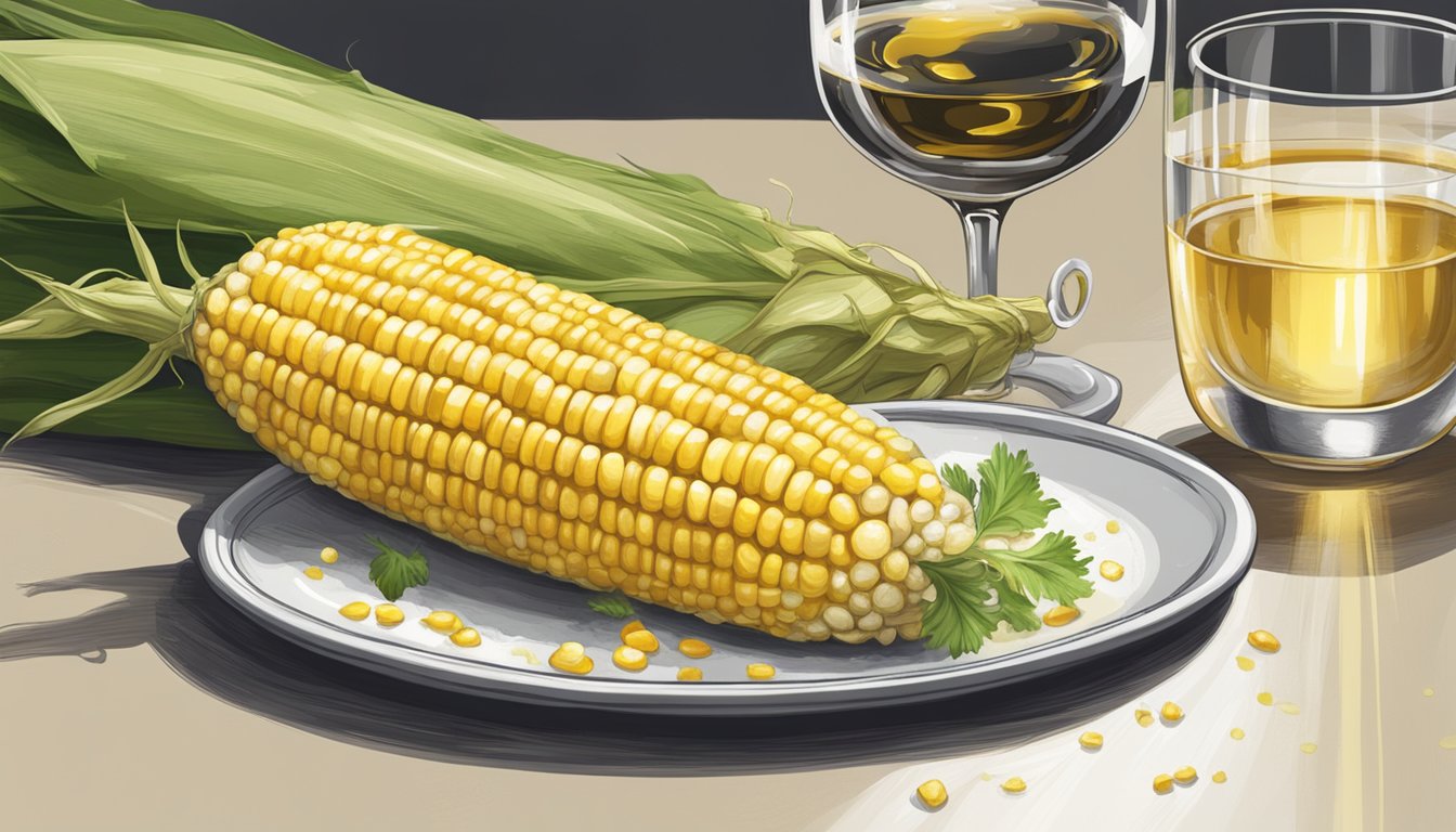 A steaming ear of corn on the cob sits on a plate, drizzled with a savory sauce and paired with a glass of chilled white wine