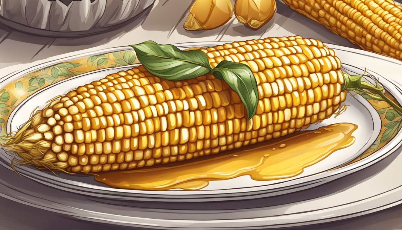 A golden ear of corn drizzled with rich, buttery sauce, nestled on a festive plate