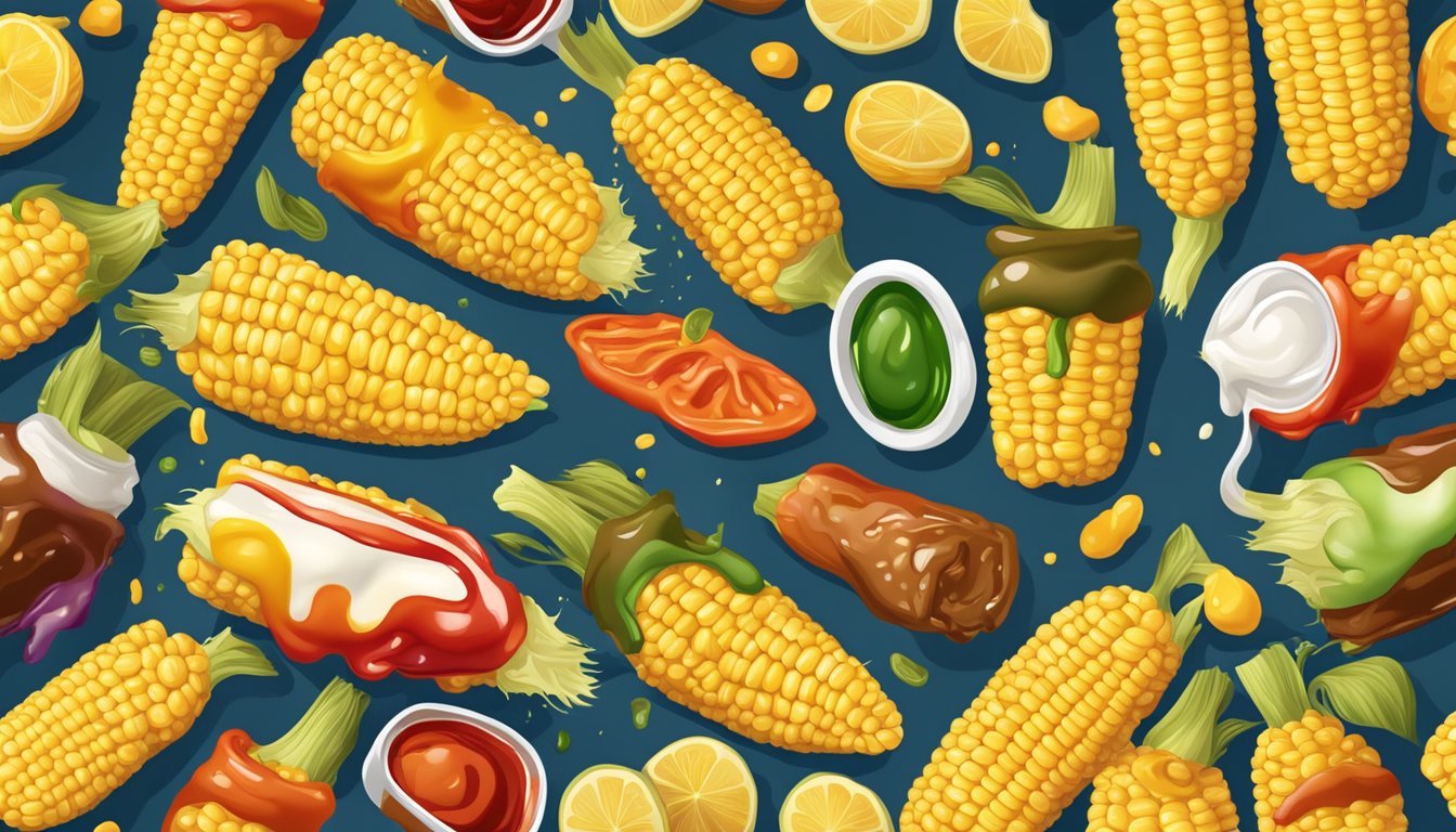 A cob of corn dripping with a variety of colorful sauces