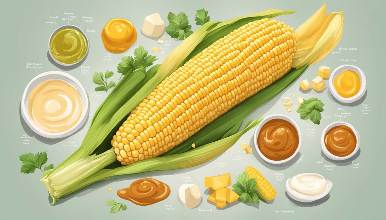 A cob of corn with sauce drizzled over it, surrounded by nutrition labels and ingredients