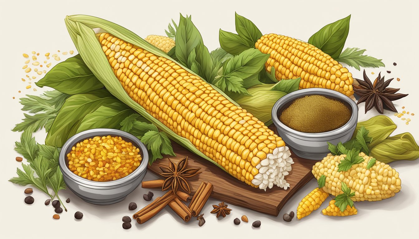 A colorful array of spices and herbs scattered around a freshly grilled corn on the cob