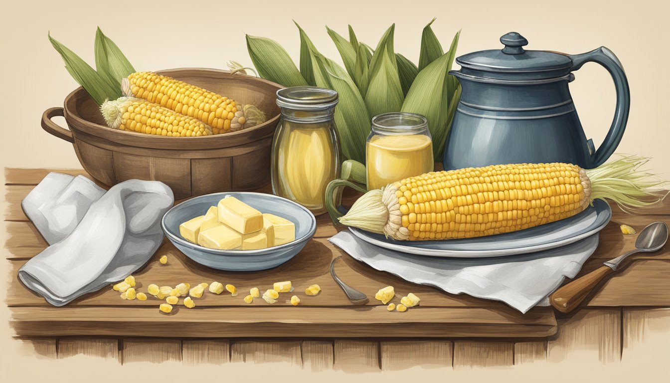 A rustic kitchen table displays a cob of corn, a dish of butter, and a recipe card, surrounded by vintage cookware and traditional decor