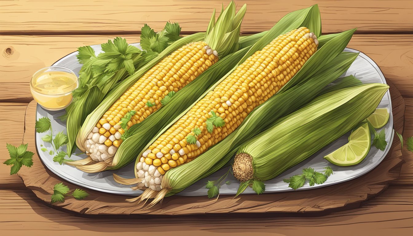 A rustic wooden table with a platter of grilled corn on the cob, sprinkled with seasoning and garnished with fresh herbs