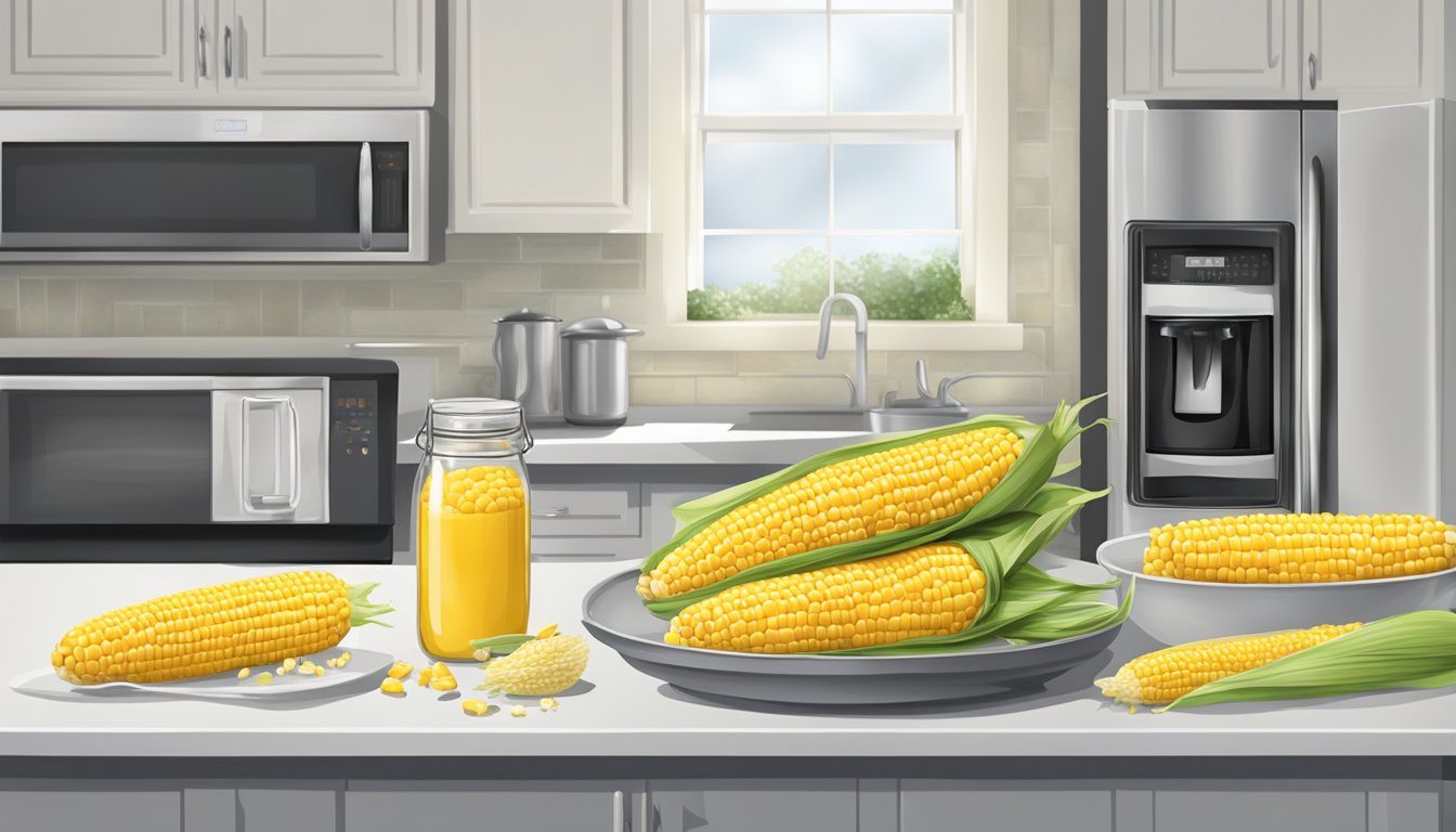 A kitchen counter with a cooked corn on the cob, a jar of seasoning, and a microwave for reheating