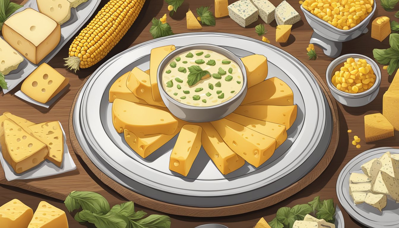 A table with a variety of cheeses and a platter of corn on the cob topped with melted cheese