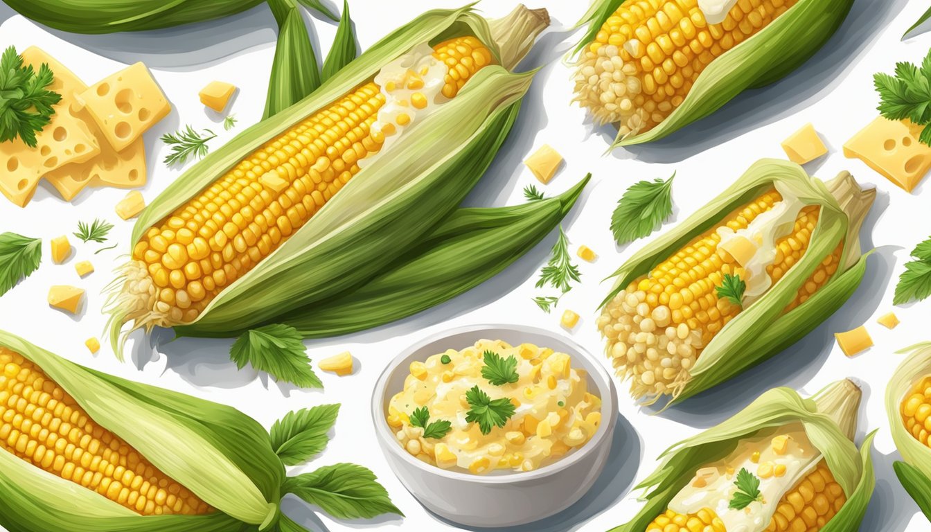 A fresh ear of corn on the cob, topped with melted cheese and sprinkled with a variety of colorful seasonings and herbs