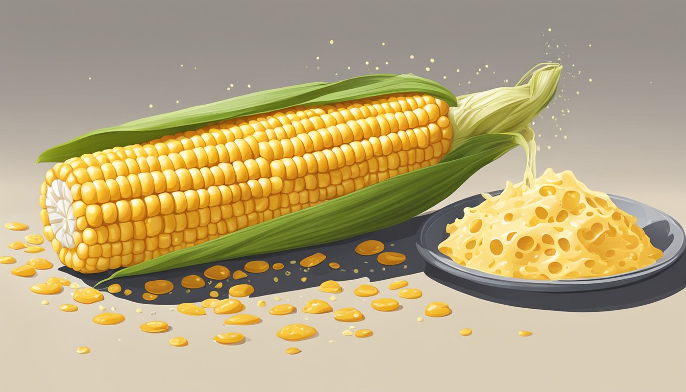 A cob of corn being drizzled with melted cheese and sprinkled with seasoning