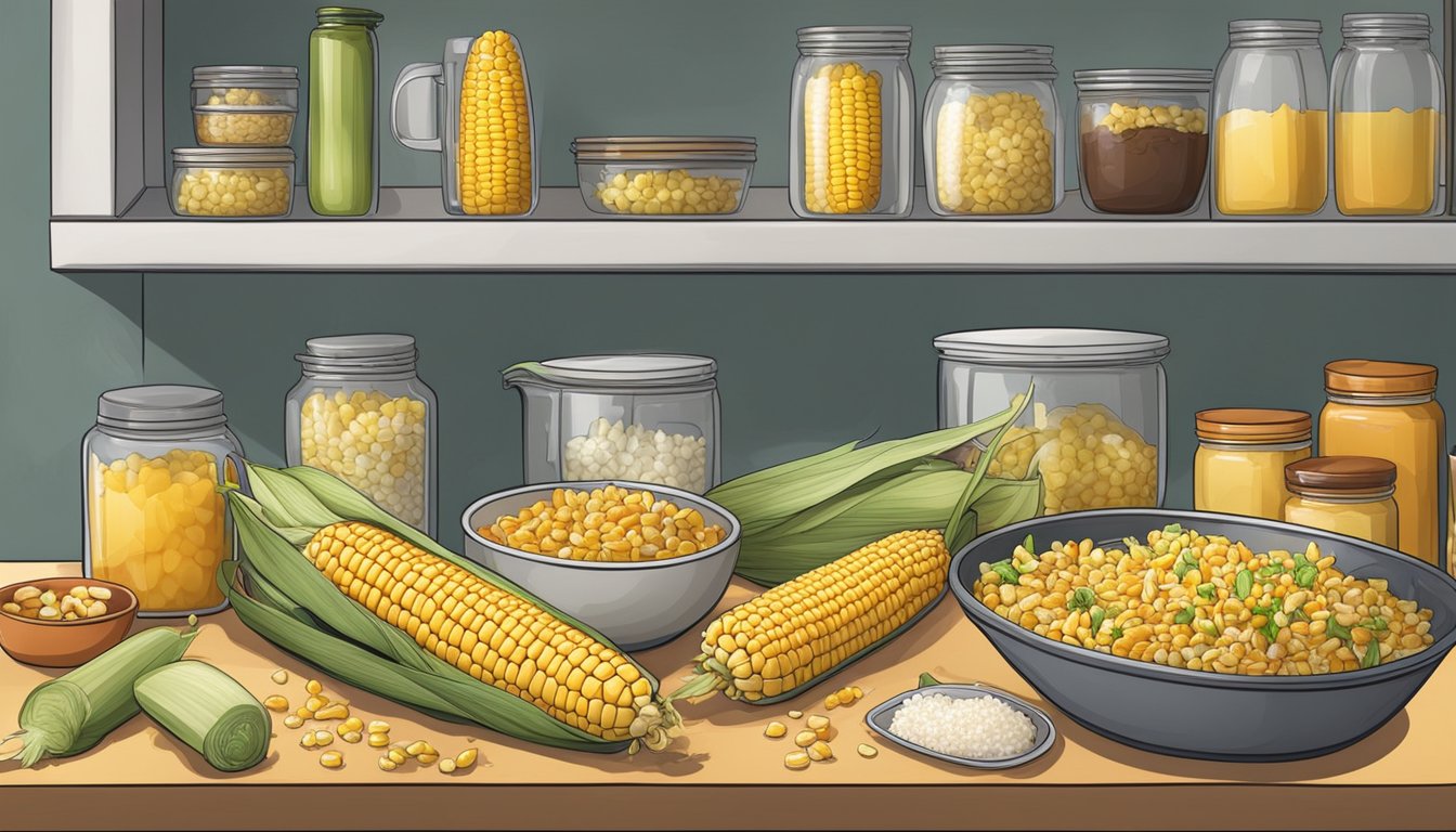 A kitchen counter with a variety of cooked corn on the cob dishes, surrounded by containers of leftovers and a pantry stocked with ingredients