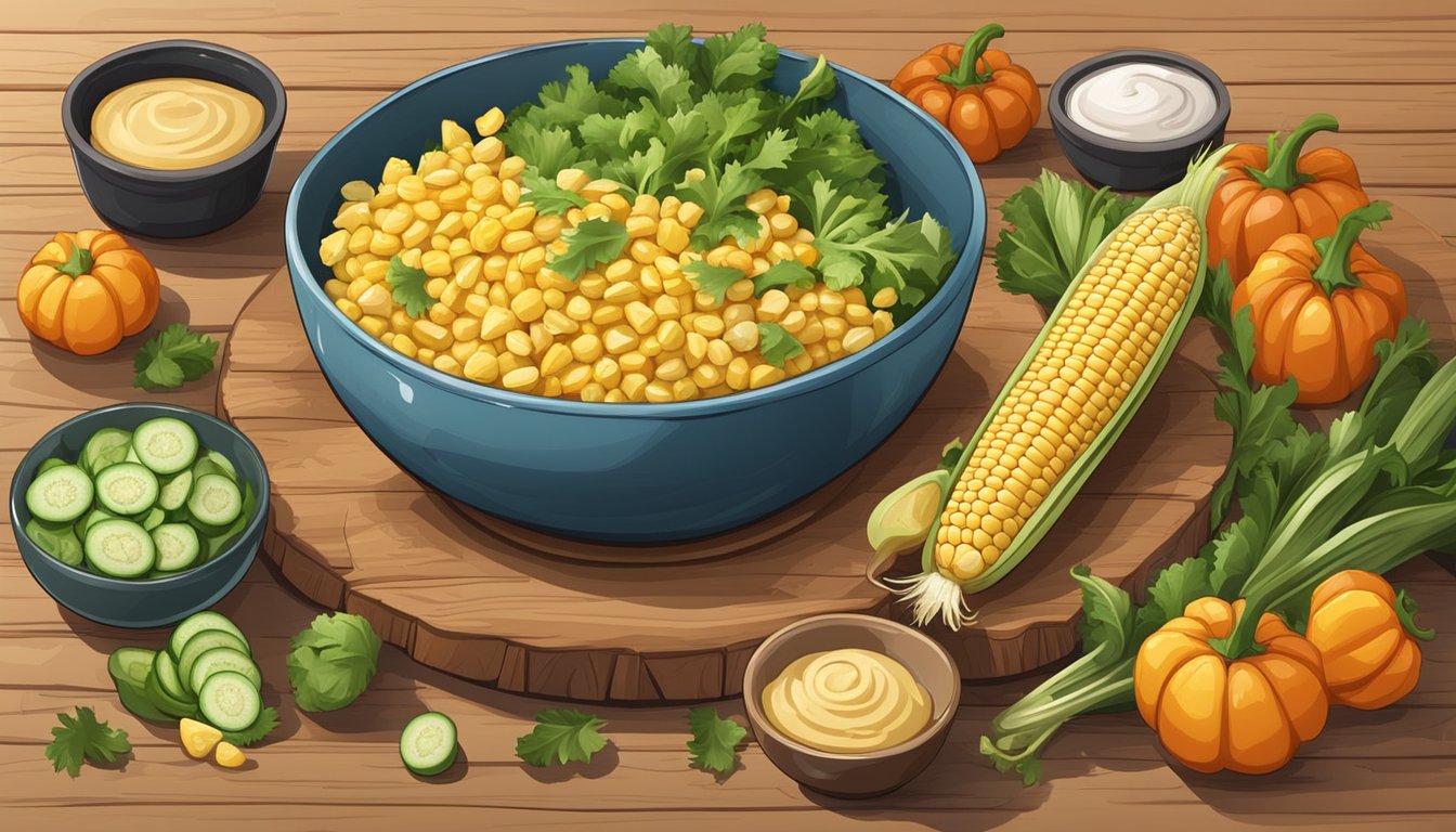 A rustic wooden table with a bowl of corn on the cob salad surrounded by fresh vegetables and various ingredients for substitutions