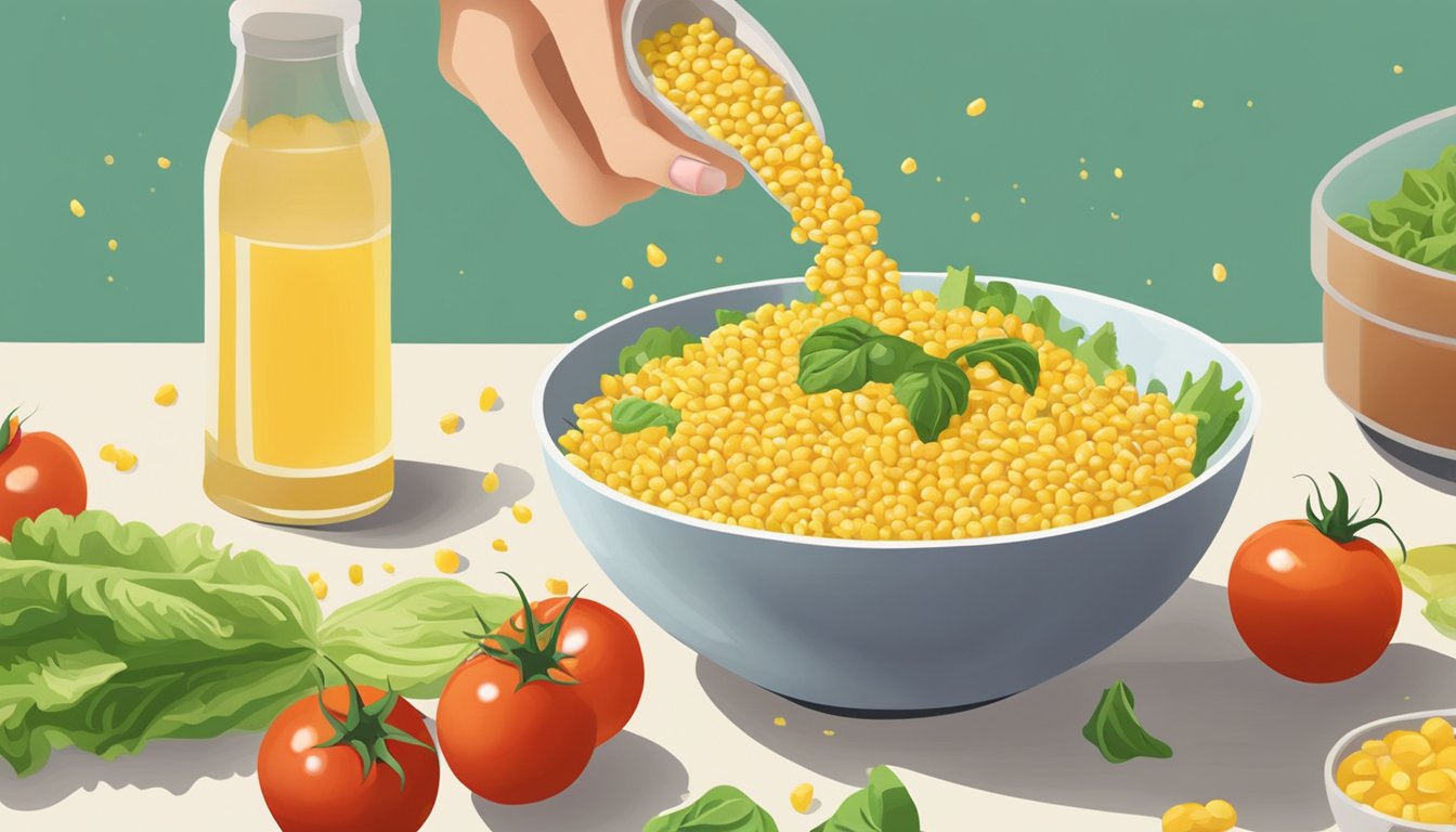 A hand tossing fresh corn kernels, tomatoes, and lettuce in a bowl, drizzling with vinaigrette