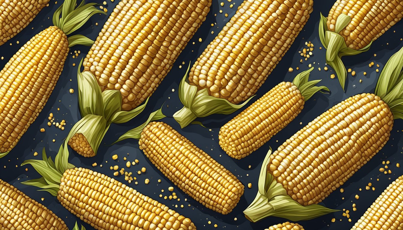 A golden-brown ear of corn sits on a baking sheet, brushed with butter and sprinkled with seasoning, ready to be placed in the oven