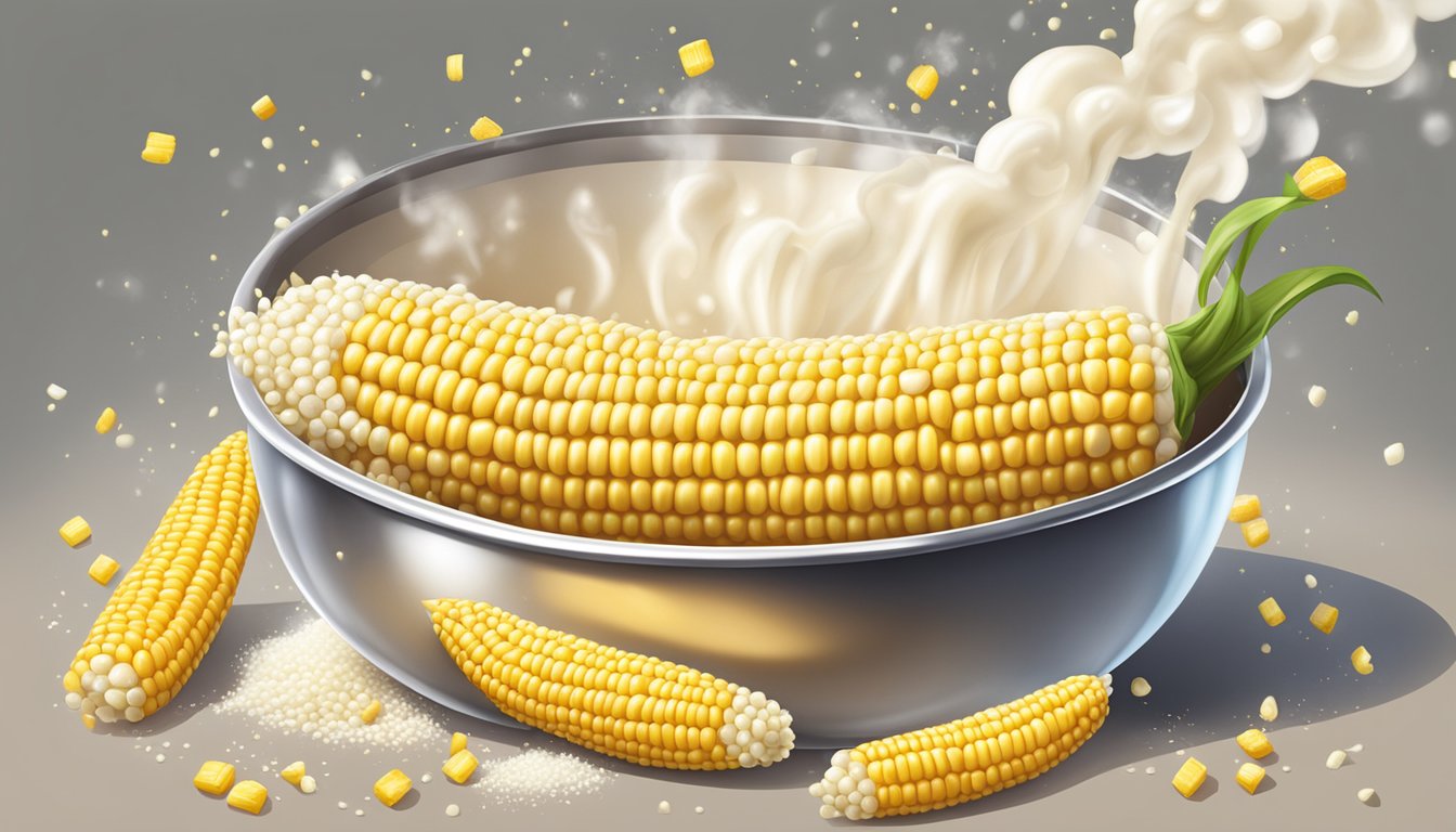 Fresh corn on the cob being boiled in a pot of milk and sugar, with steam rising and a sprinkle of sugar on top