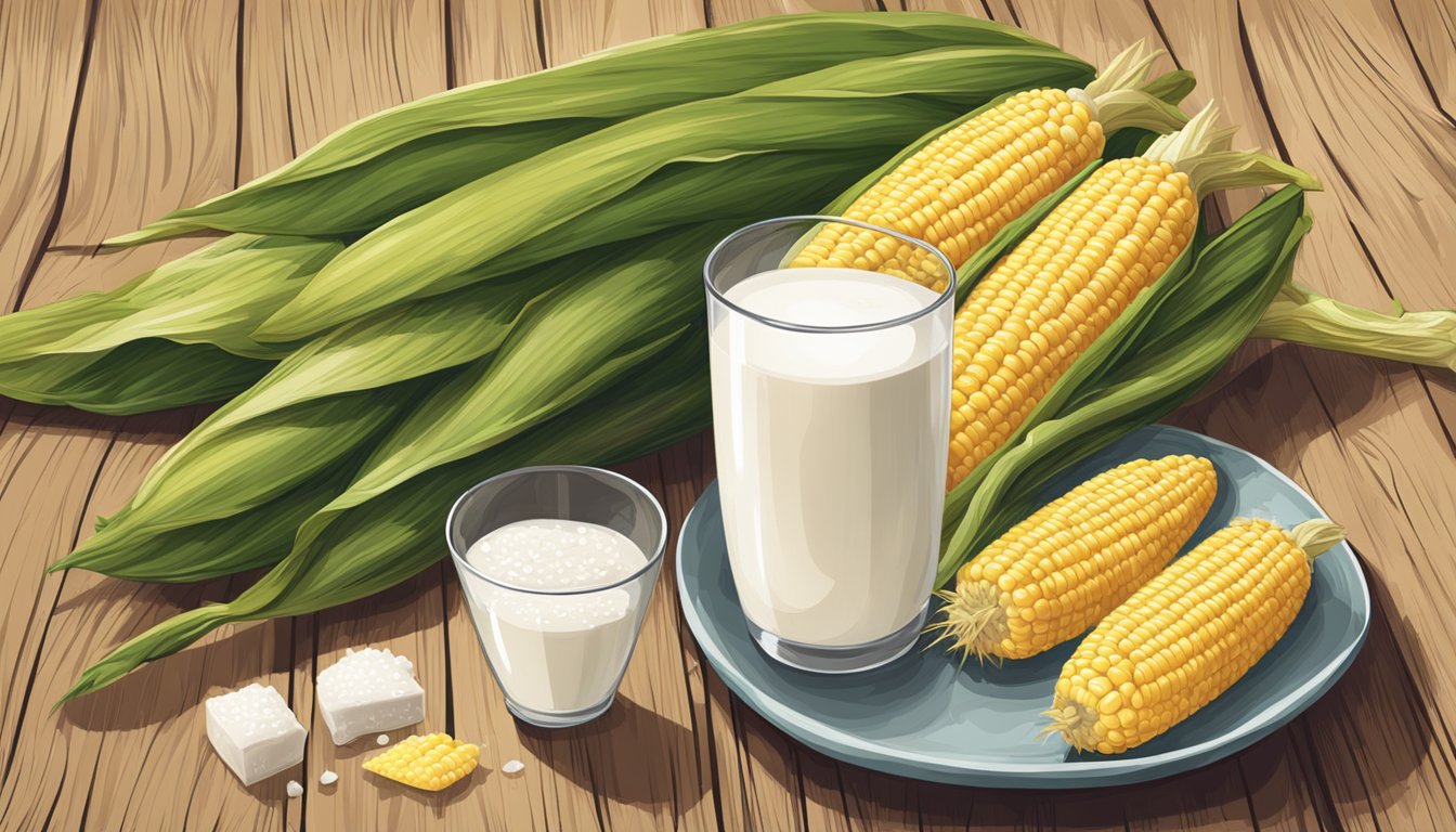 A fresh ear of corn on the cob sits next to a glass of milk and a bowl of sugar on a rustic wooden table