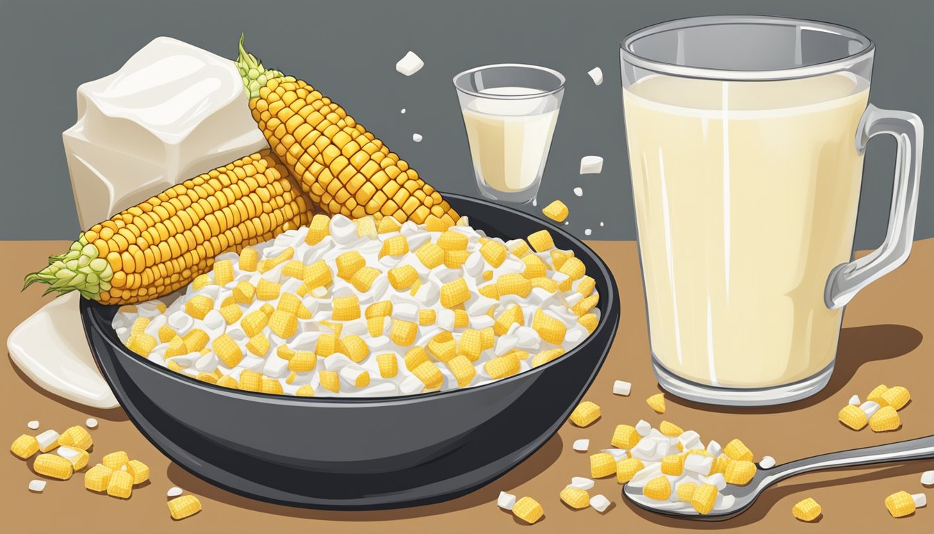 A cob of corn surrounded by a bowl of milk and a pile of sugar