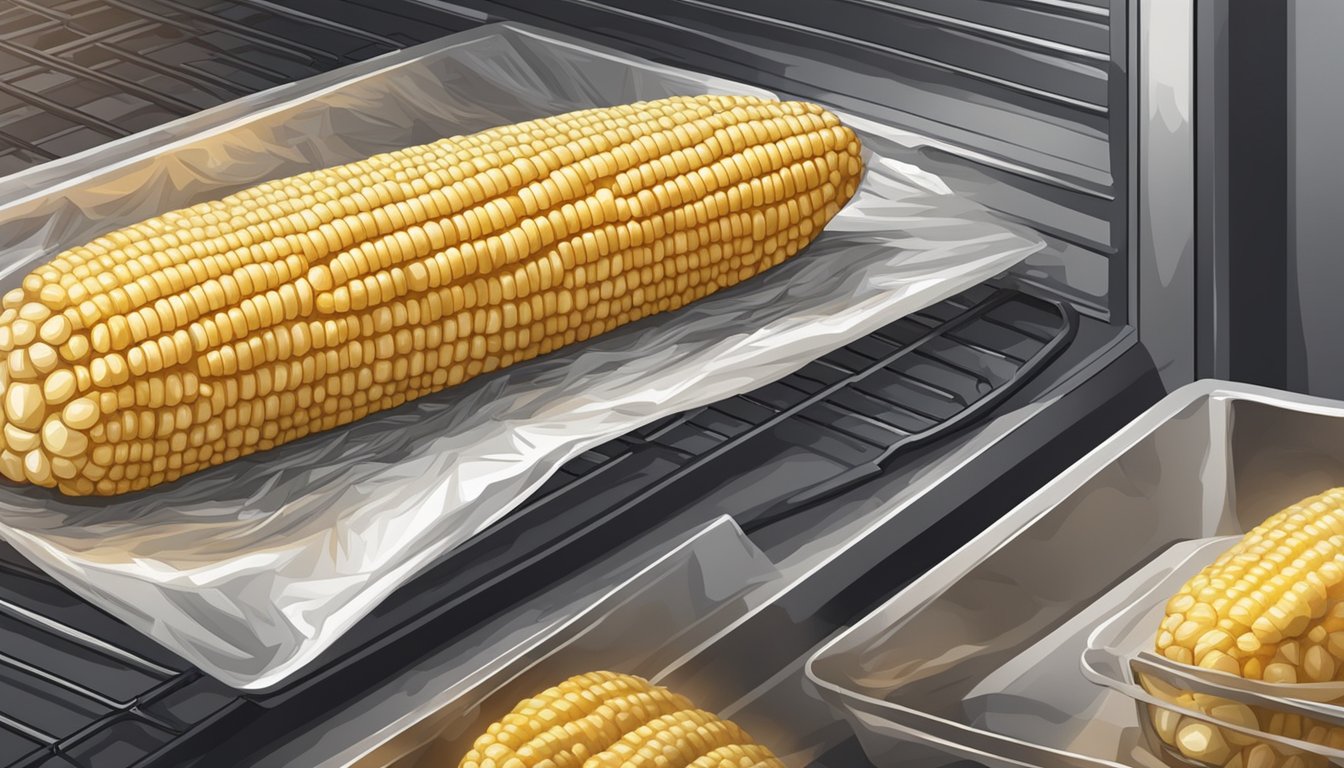 A cob of corn wrapped in foil sits on a baking sheet inside a preheated oven