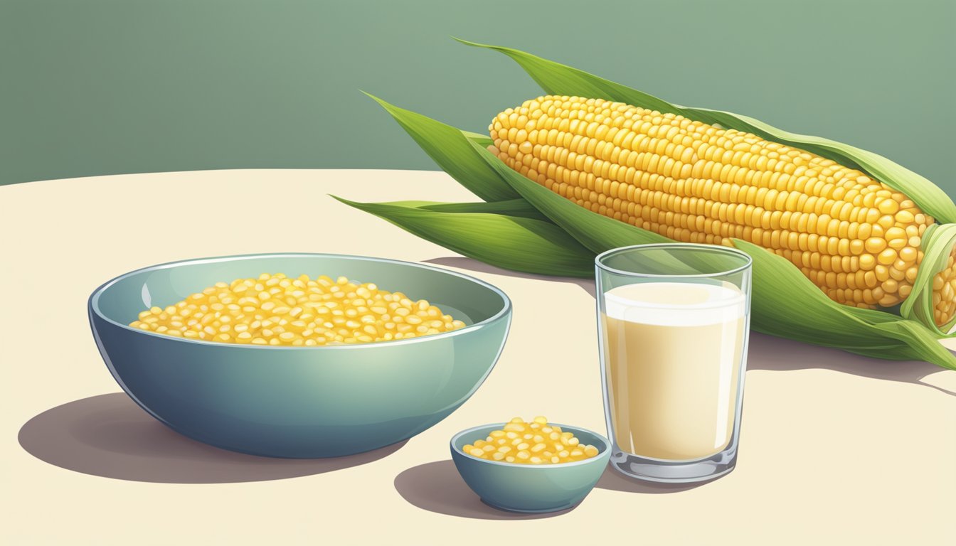 A cob of corn surrounded by a glass of milk and a bowl of sugar