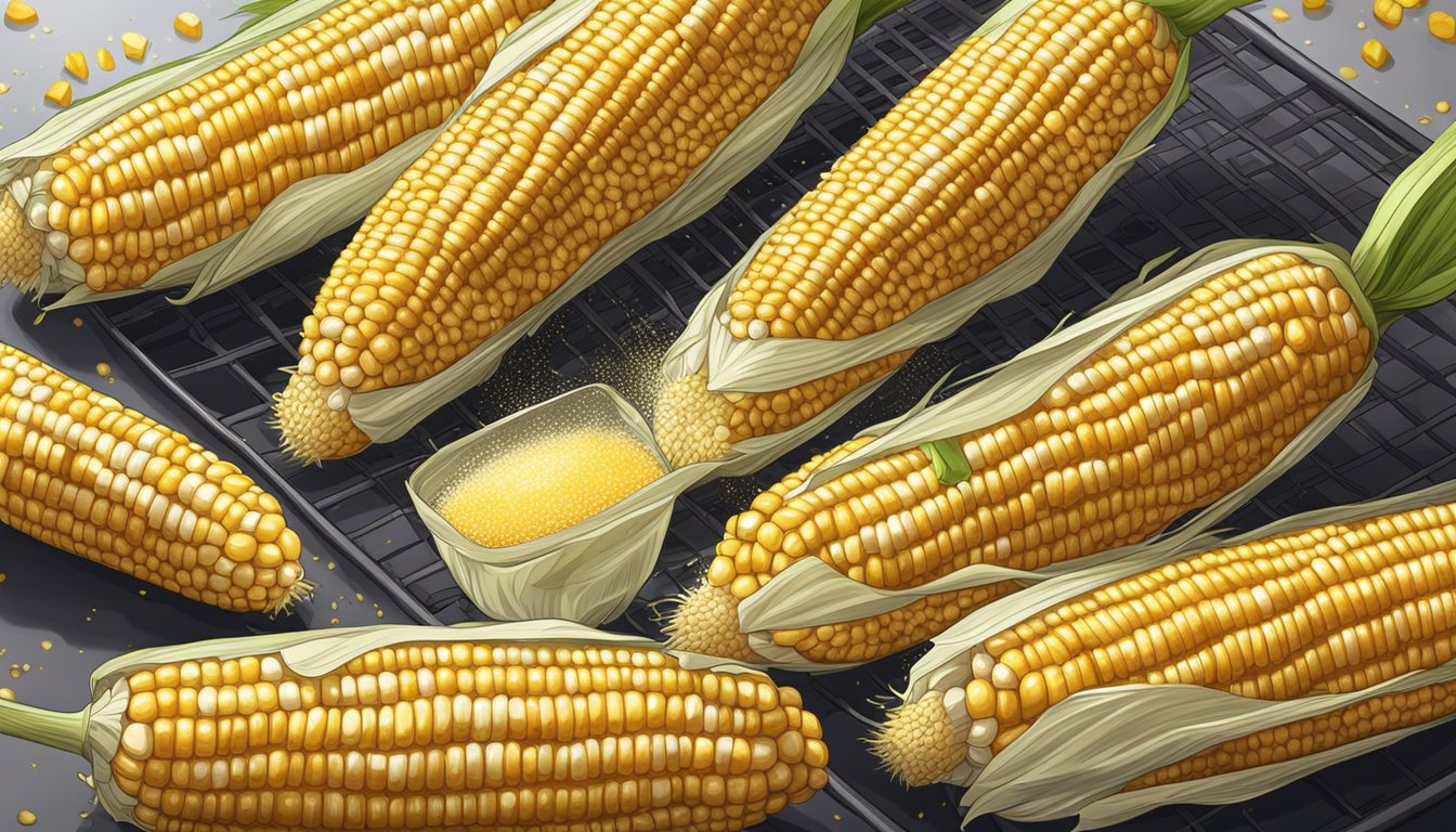 Fresh corn on the cob being brushed with oil and sprinkled with seasoning before being placed in the air fryer for maintenance and cleaning